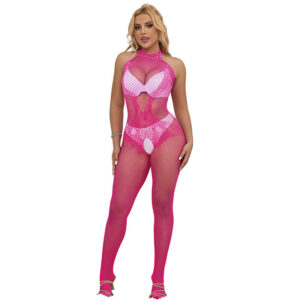 Subblime - 952389 Bodystocking a Rete e Pizzo Senza Cavallo con Collo Alto Rosa Taglia Unica
