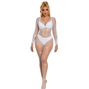 Subblime - 952396 Bodystocking a Rete con Strass Manica Lunga Bianco Taglia Unica