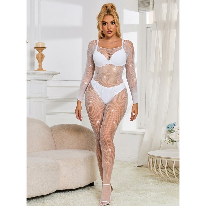 Subblime - 952396 Bodystocking a Rete con Strass Manica Lunga Bianco Taglia Unica - immagine 4