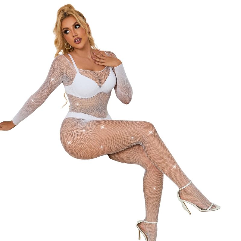 Subblime - 952396 Bodystocking a Rete con Strass Manica Lunga Bianco Taglia Unica - immagine 3