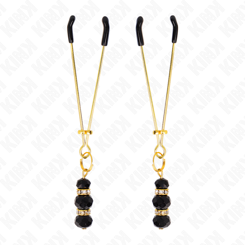 Kink - Pinze per Capezzoli Sottili Oro con 3 Perline di Vetro Nere 7 Cm - immagine 2