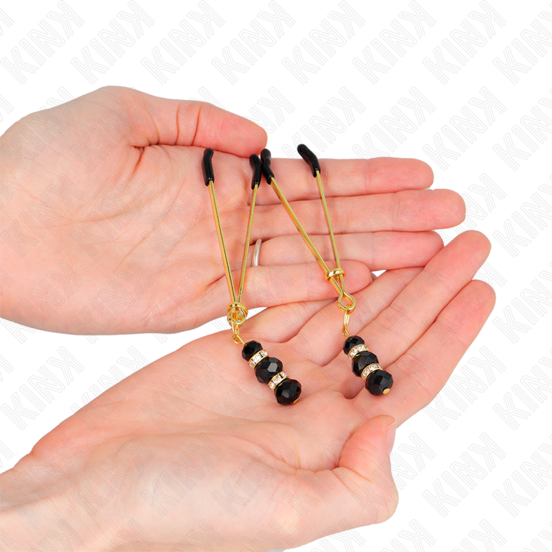 Kink - Pinze per Capezzoli Sottili Oro con 3 Perline di Vetro Nere 7 Cm - immagine 3