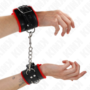 Kink - Polsini Imbottiti in Pelliccia con Fori Quadri Cintura Rossa e Nera Regolabile 17-29 Cm X 6 Cm