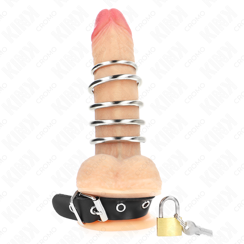 Kink - Anello per Pene in Pelle con Cinghia di Bloccaggio 21 X 2 Cm E 5 Anelli in Metallo da 3 Cm A 4 Cm - immagine 2