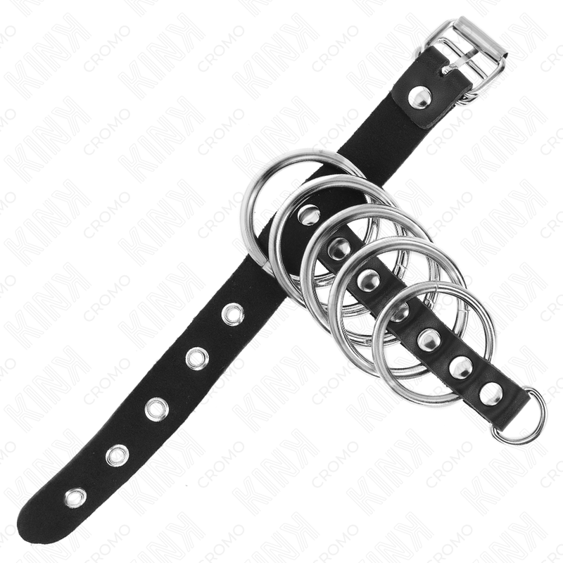 Kink - Anello per Pene in Pelle con Cinghia di Bloccaggio 21 X 2 Cm E 5 Anelli in Metallo da 3 Cm A 4 Cm - immagine 4