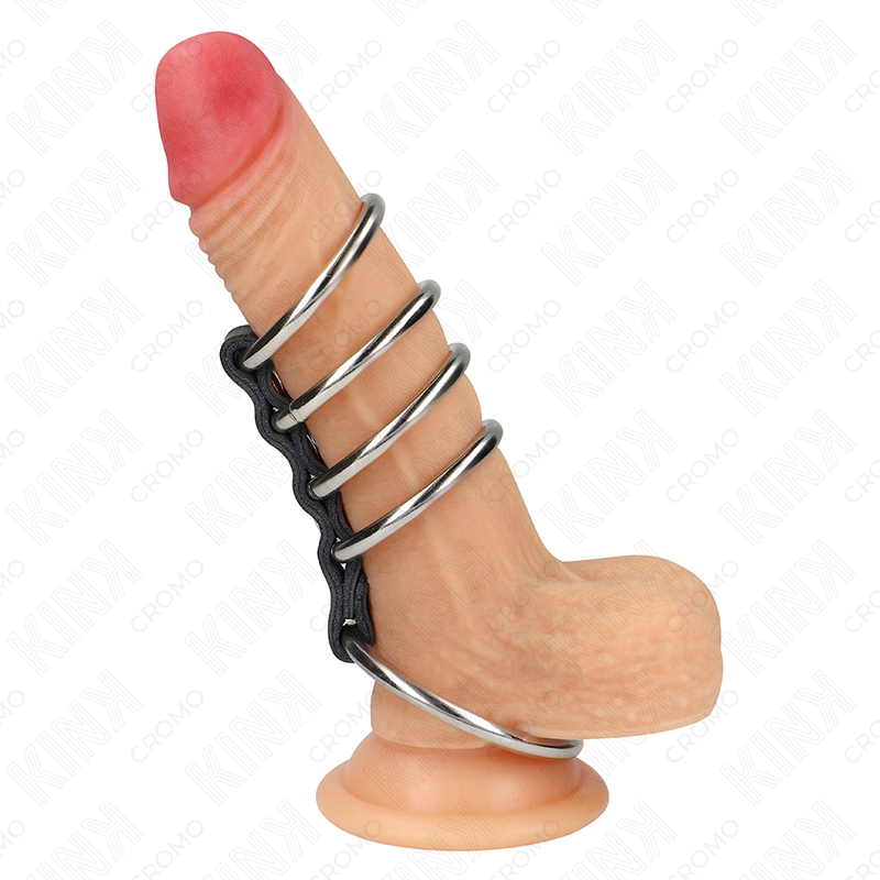 Kink - 5 Anelli per Pene da 3,7 Cm A 5 Cm Metallo Collegati da Pelle - immagine 2