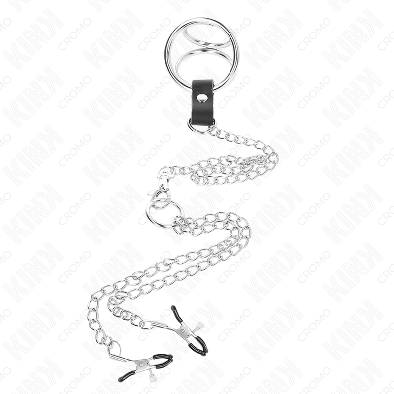 Kink - Anello per Pene in Metallo Cromato Triplo da 3,8 Cm A 5 Cm con Catena in Metallo da 26 Cm e Morsetti per Capezzoli Mod1 - immagine 3