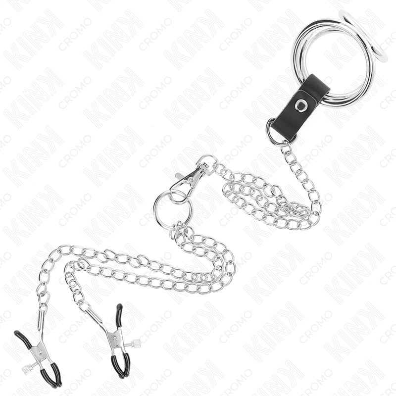Kink - Anello per Pene in Metallo Cromato Triplo da 3,8 Cm A 5 Cm con Catena in Metallo da 26 Cm e Morsetti per Capezzoli Mod1 - immagine 5
