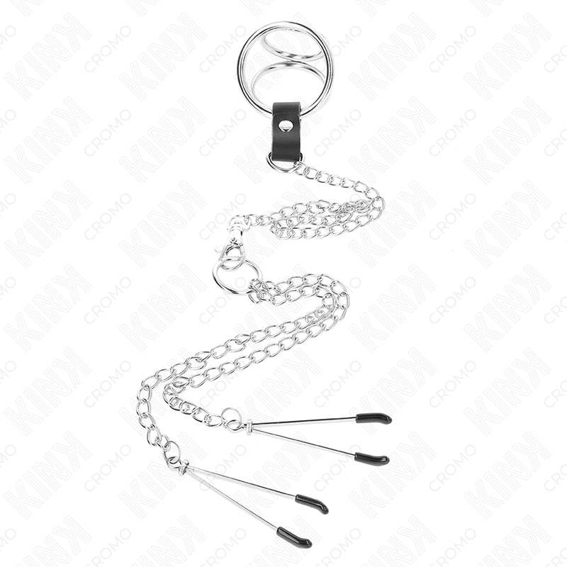 Kink - Anello per Pene in Metallo Cromato Triplo da 3,8 Cm A 5 Cm, Catena in Metallo da 26 Cm e Morsetti per Capezzoli Mod. 2 - immagine 3