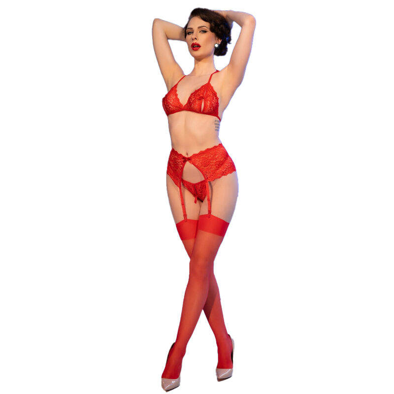 Chilirose - Cr 4848 Set Reggiseno in Pizzo Rosso + Perizoma + Calze T - immagine 4