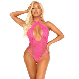 Leg Avenue - Body in Pizzo Rosa con Scollo a Incrocio Taglia Unica