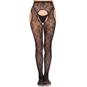 Leg Avenue - Collant con Reggicalze Bloom Net 1967 Nero - Taglia Unica