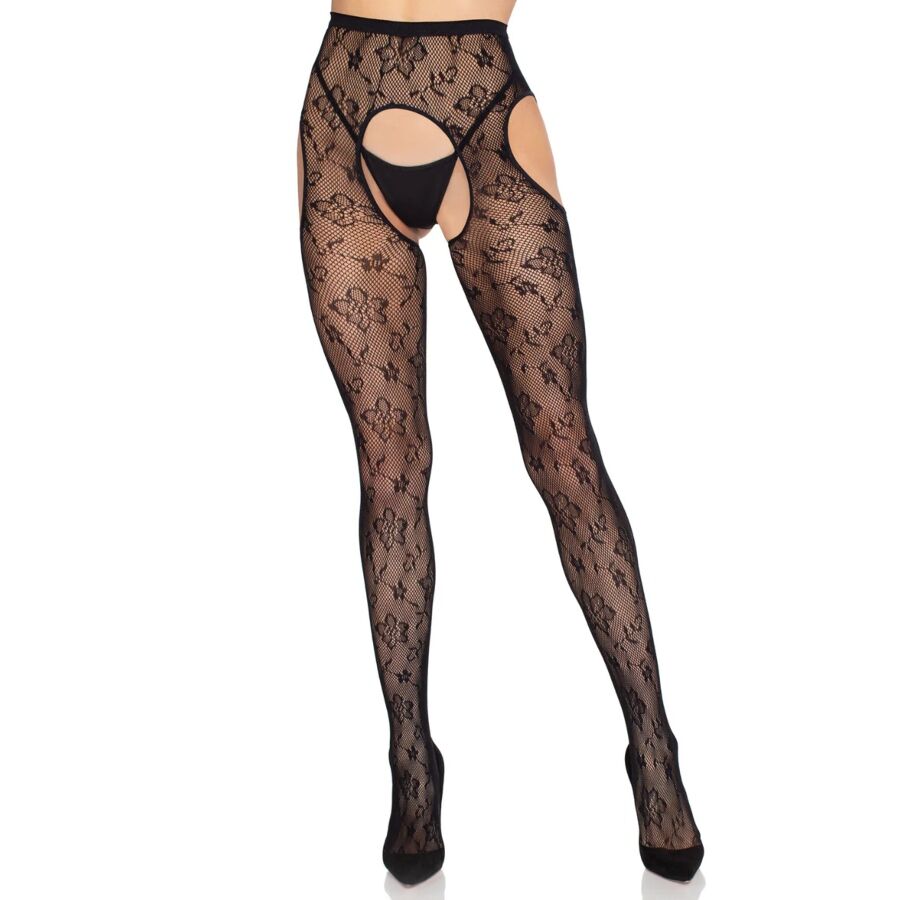 Leg Avenue - Collant con Reggicalze Bloom Net 1967 Nero - Taglia Unica - immagine 4