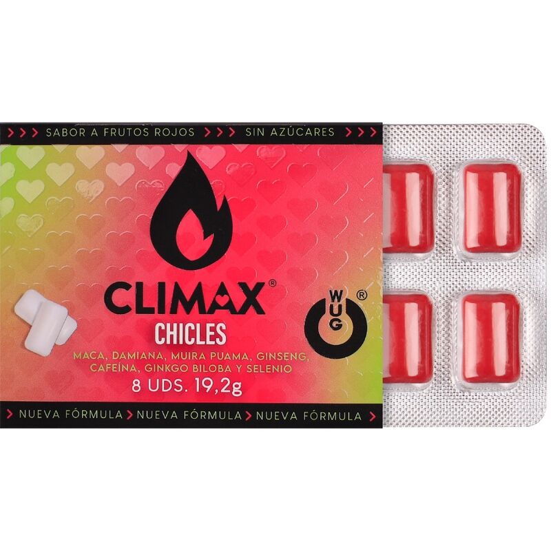 Wug Climax - Gomma da Masticare Funzionale con Maca, Damiana e Ginseng per Aumentare il Desiderio e la Vitalità Intima. Blister da 8 Pezzi - immagine 2