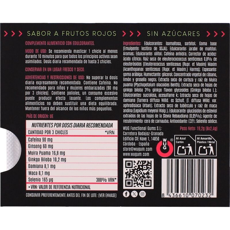 Wug Climax - Gomma da Masticare Funzionale con Maca, Damiana e Ginseng per Aumentare il Desiderio e la Vitalità Intima. Blister da 8 Pezzi - immagine 4